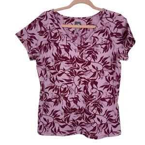 The North Face Fitted Leaf Print Tee Women size XL Pink Purple V Neck Short Slee